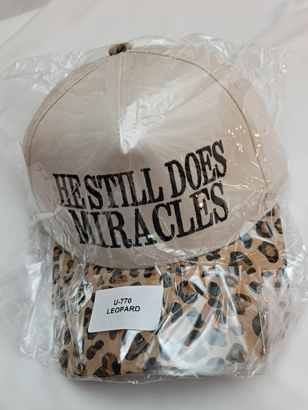 Women's He Still Does Miracles Leopard Baseball Cap - Beige